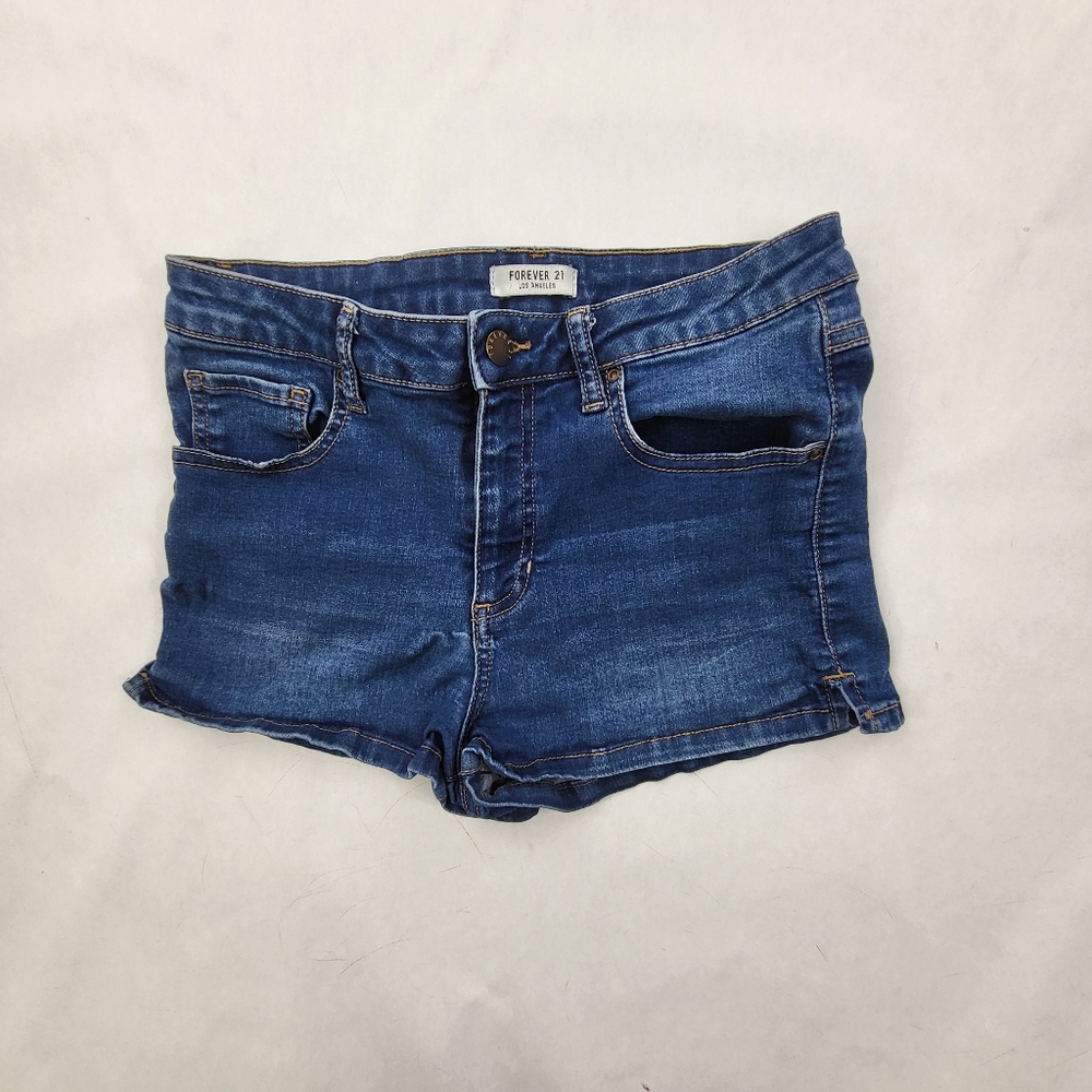 Forever 21 Cuffed Denim Shorts Women's Size 28 Blue Mid Rise Dark Wash 5-Pocket